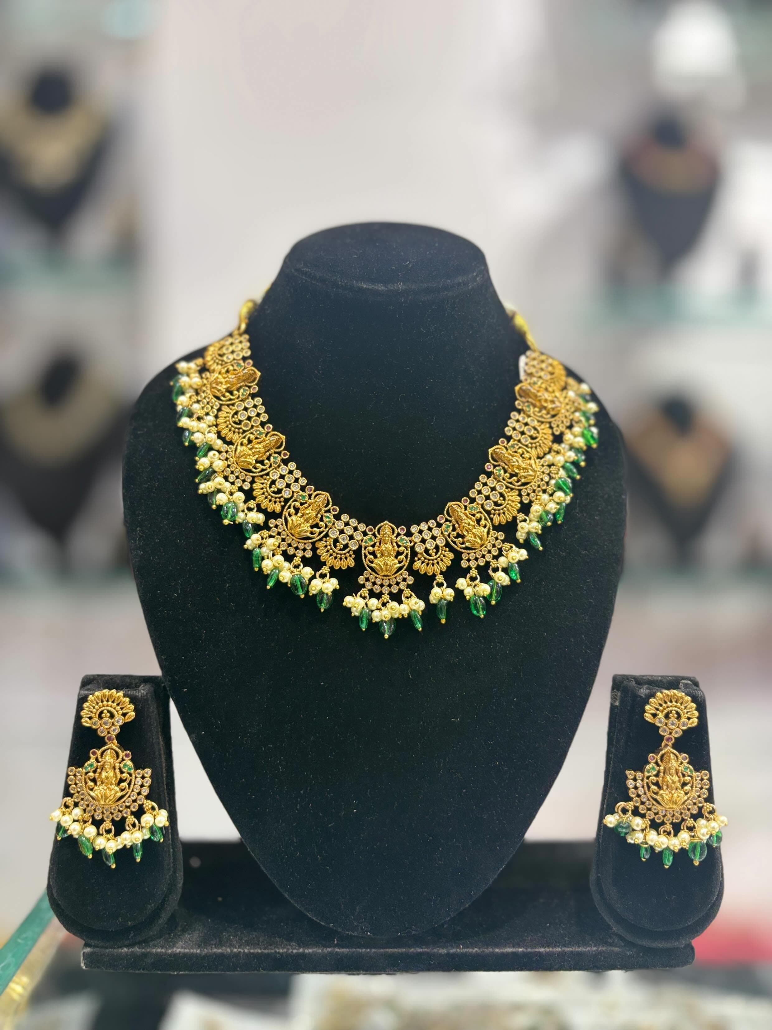 Traditional Lakshmi Temple Necklace Set with Green Beads