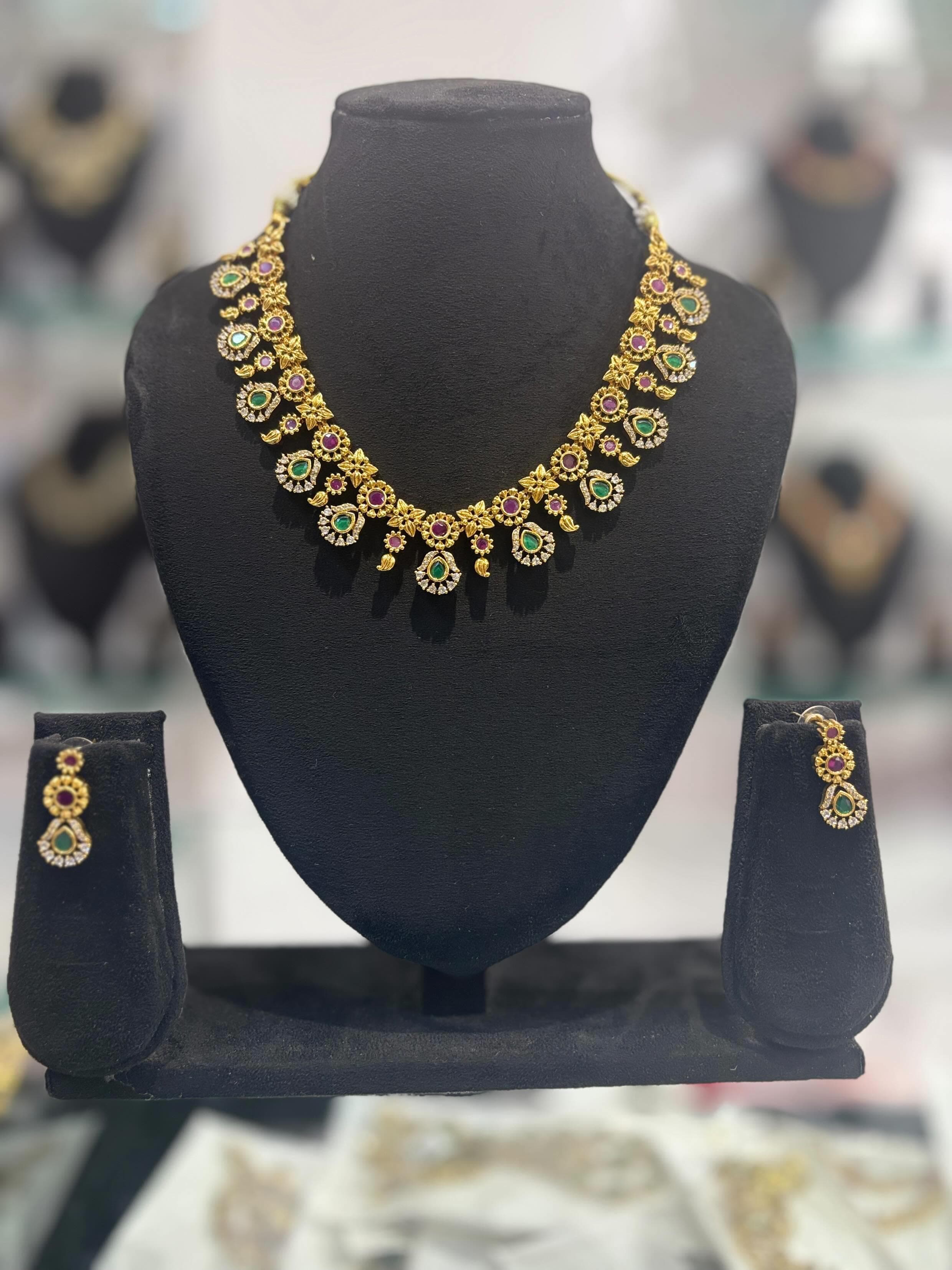 Traditional Ruby & Emerald Drop Necklace Set