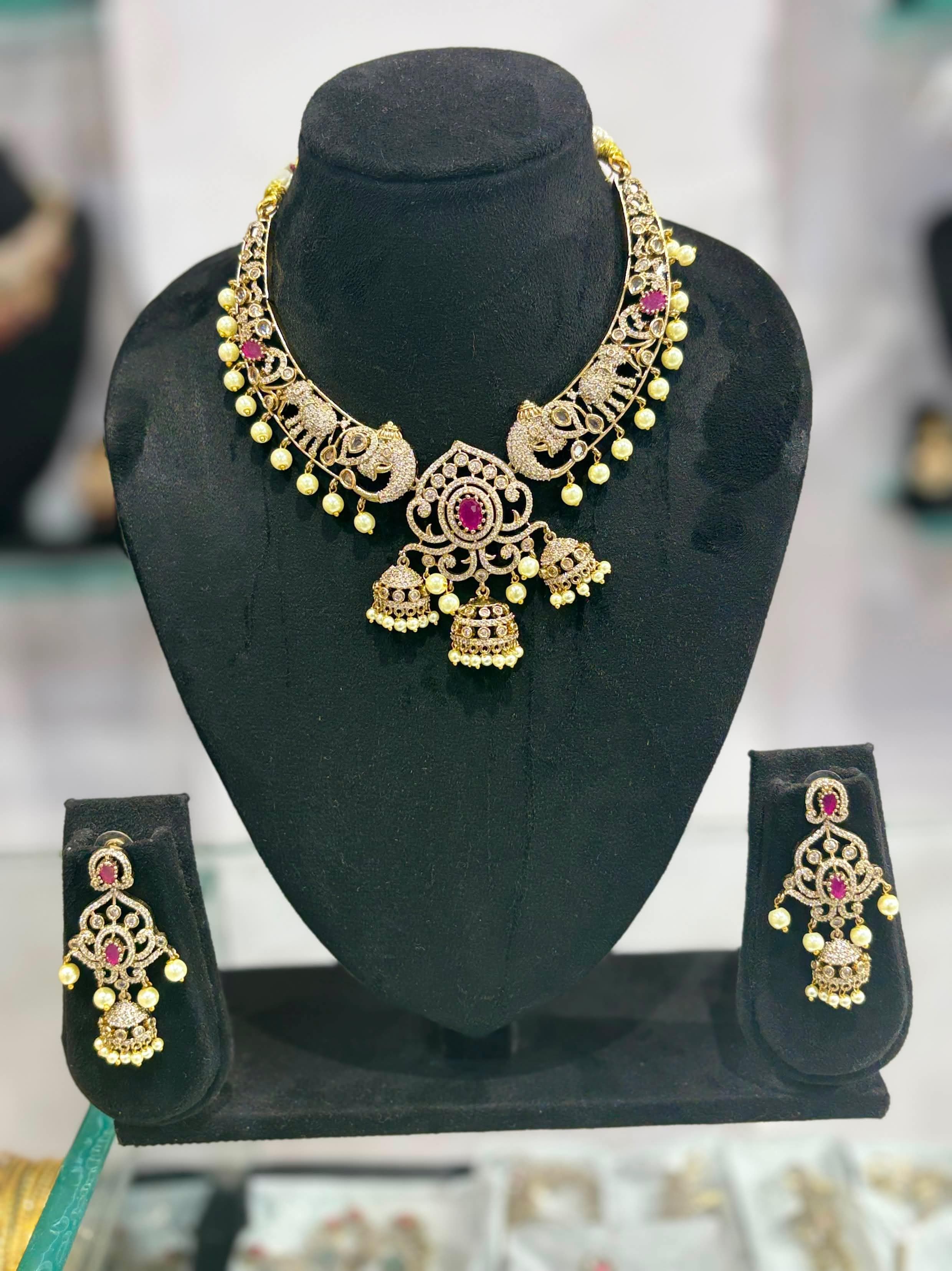 Gaja Ruby Jhumka Necklace Set