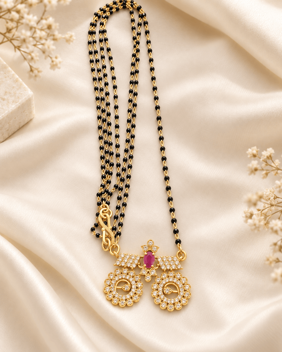 Double-strand black-bead mangalsutra with gold-tone dual floral pendant and pink oval accent