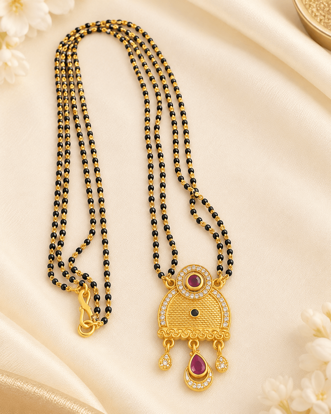 Black-bead mangalsutra with gold-tone pendant featuring red and green accents and three drops