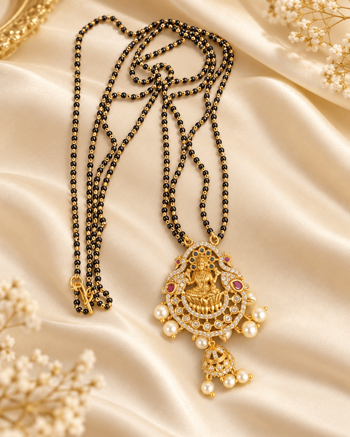Double black-and-gold bead mangalsutra with ornate gold-tone pendant and pearl-like drops