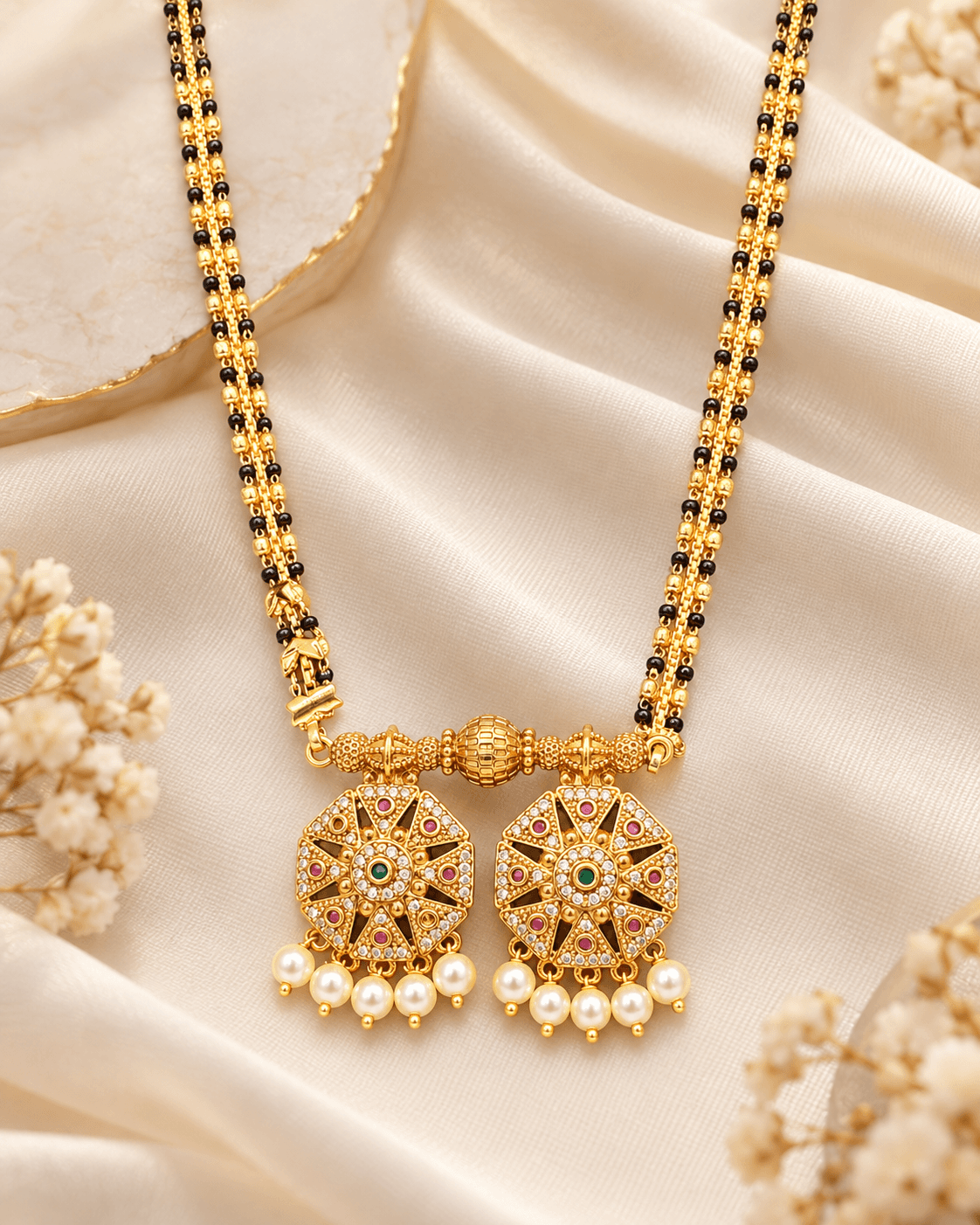 Twin-chain mangalsutra with black beads, octagonal floral pendants and pearl drops