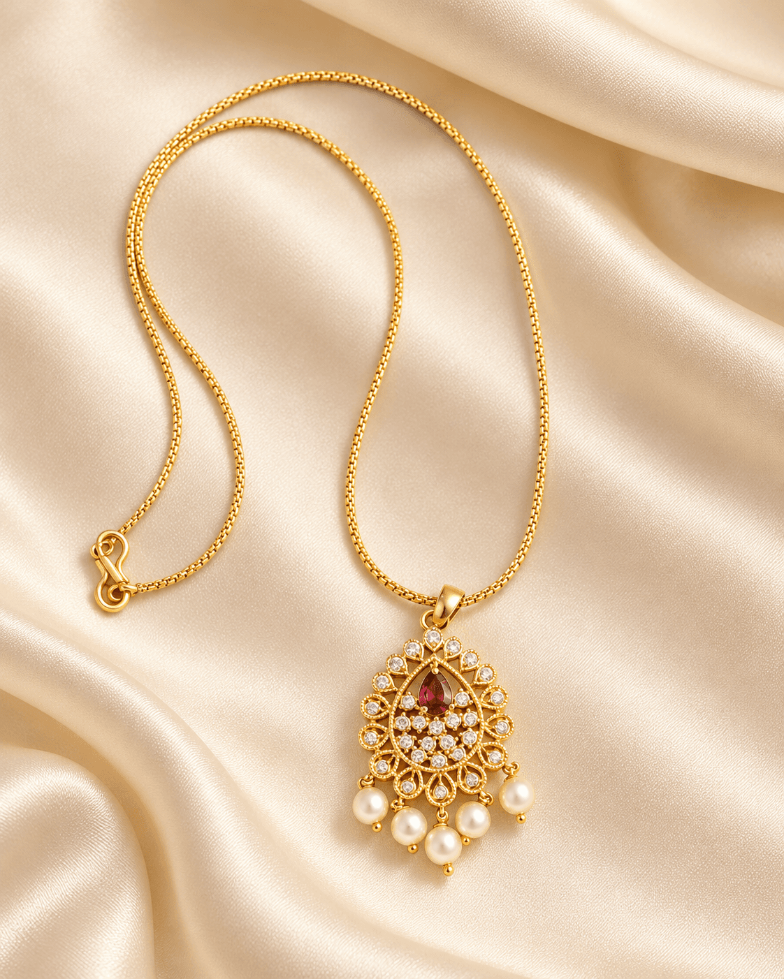 Gold-tone pendant necklace with red teardrop decorative centre, clear round accents and five cream bead dangles on a fine box