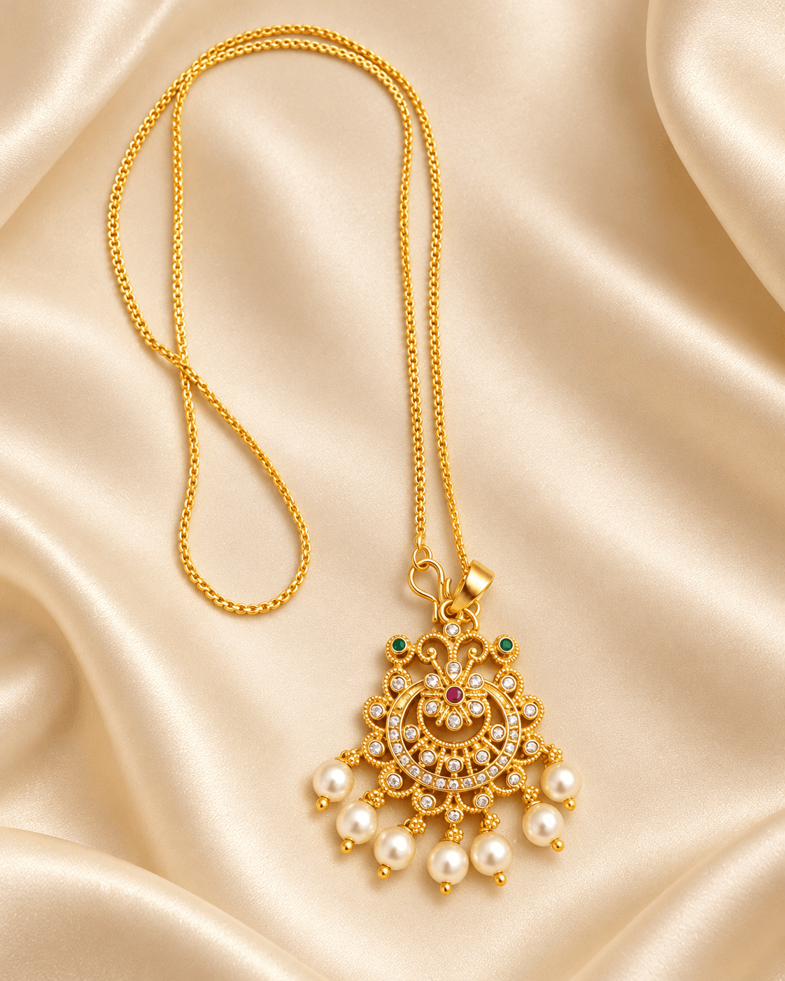 Gold-tone pendant with filigree, clear accents, green and red highlights and seven pearl-like drops on a chain