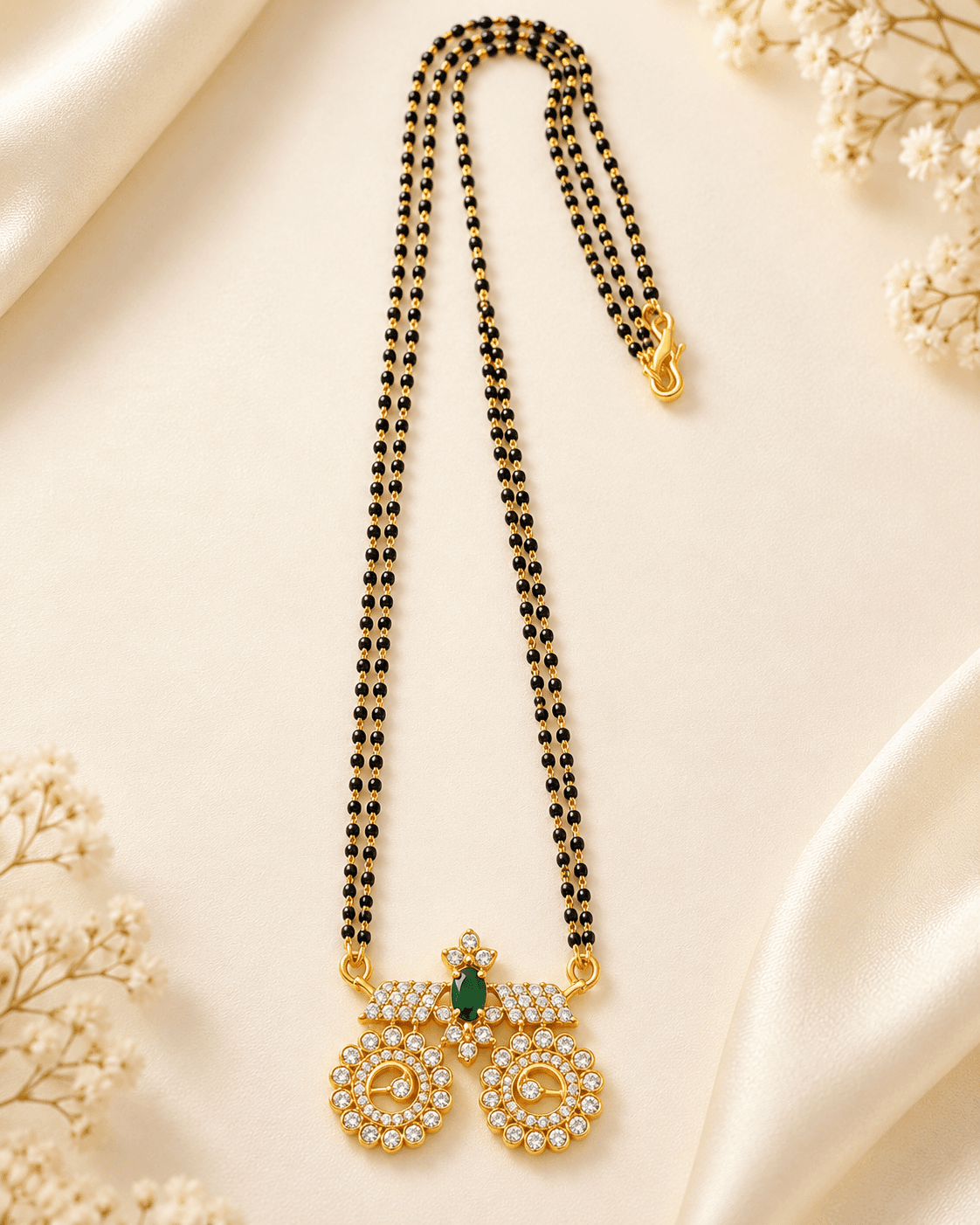 Double black-bead mangalsutra with gold-tone floral pendant and green-coloured centre accent
