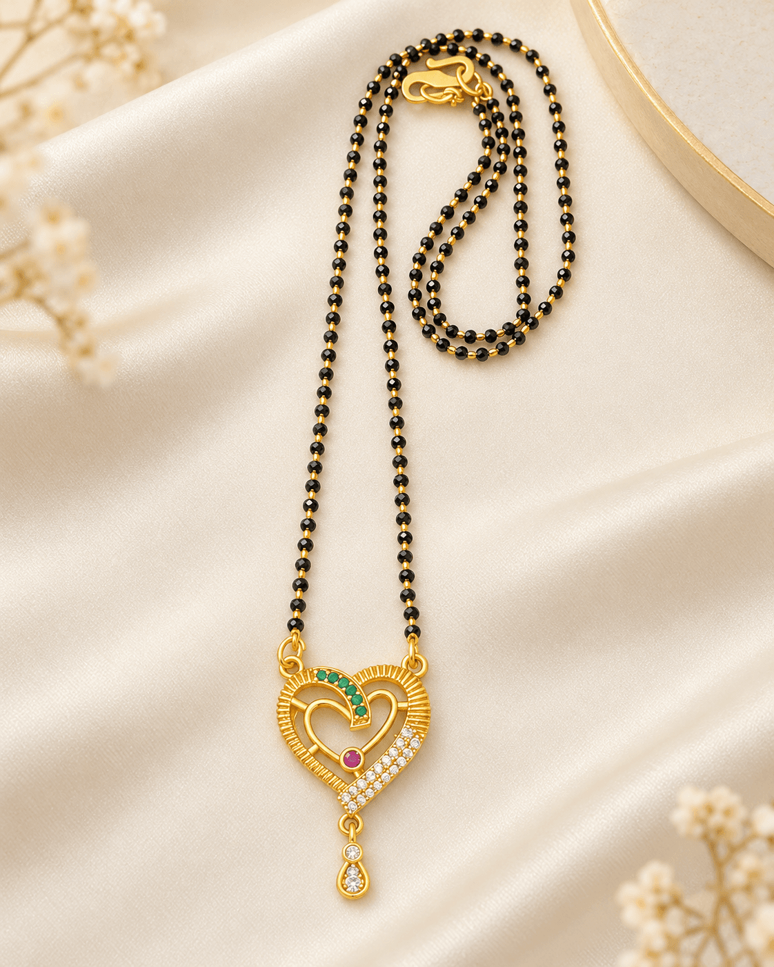 Black bead mangalsutra with gold-tone heart pendant featuring green, pink and clear accents