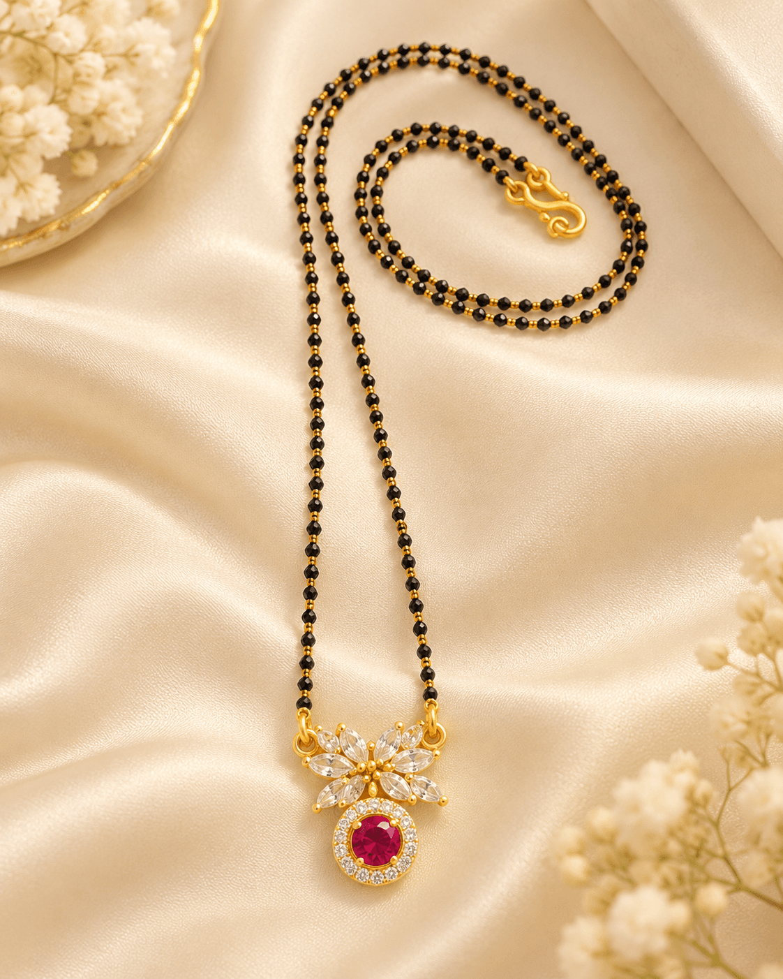 Double strand black beaded mangalsutra with gold-coloured spacers and floral pendant with red centre