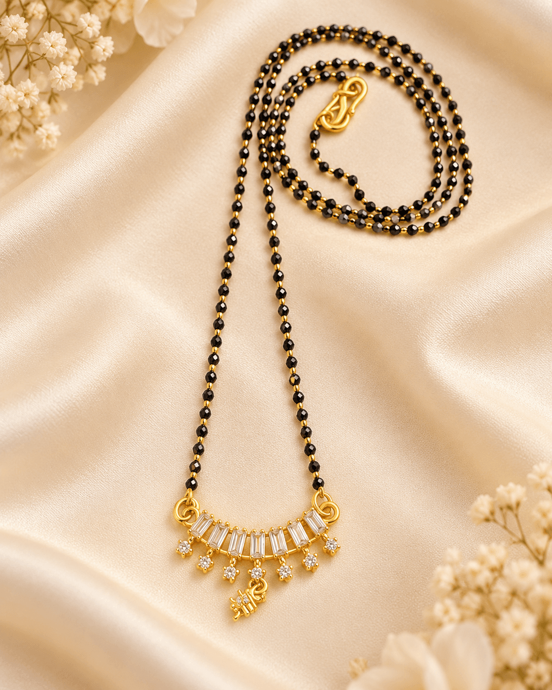 mangalsutra with black faceted beads and gold-toned pendant with baguette-style accents and danglers