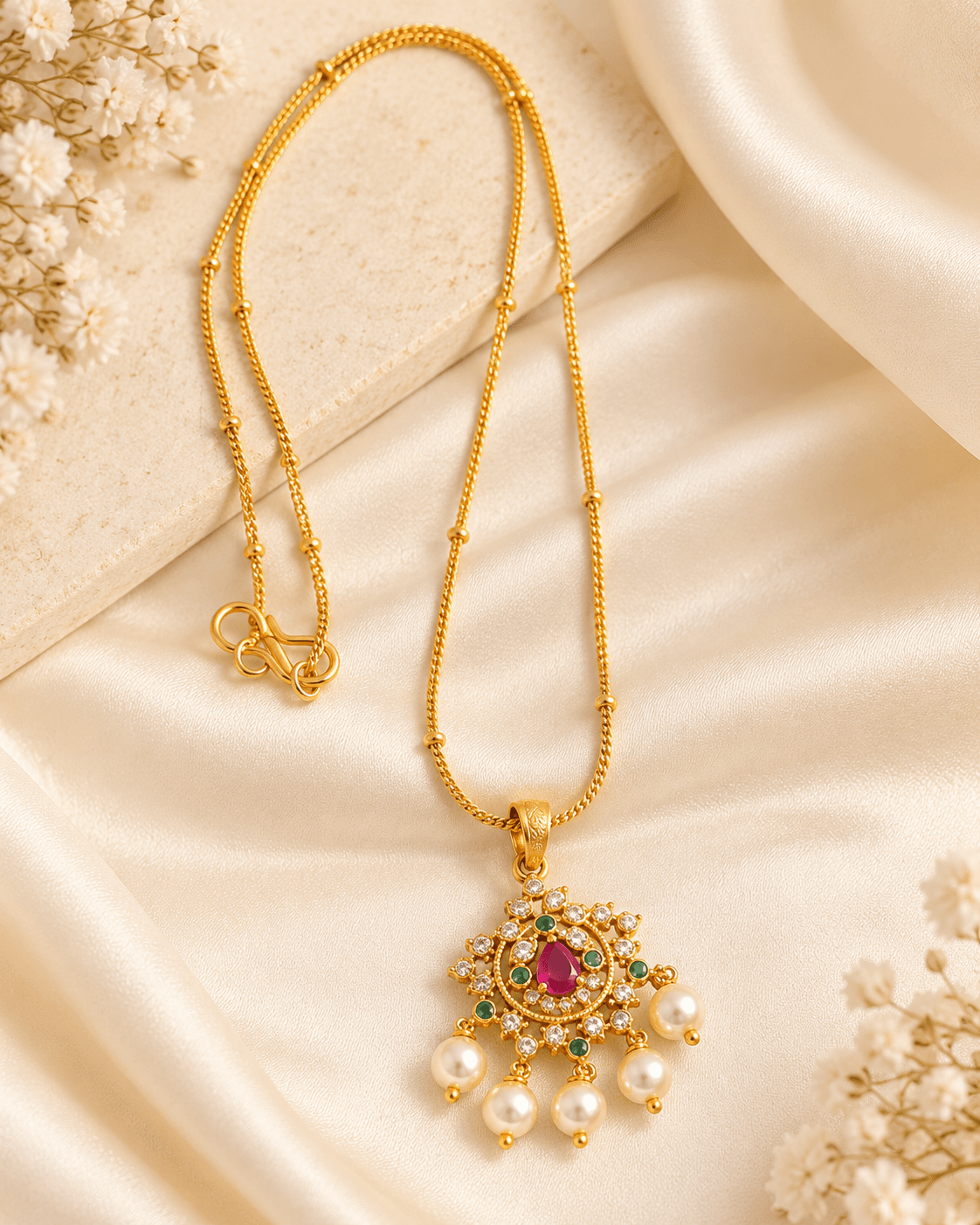 Gold-tone necklace with teardrop pink centre, green and clear accents and five dangling pearls