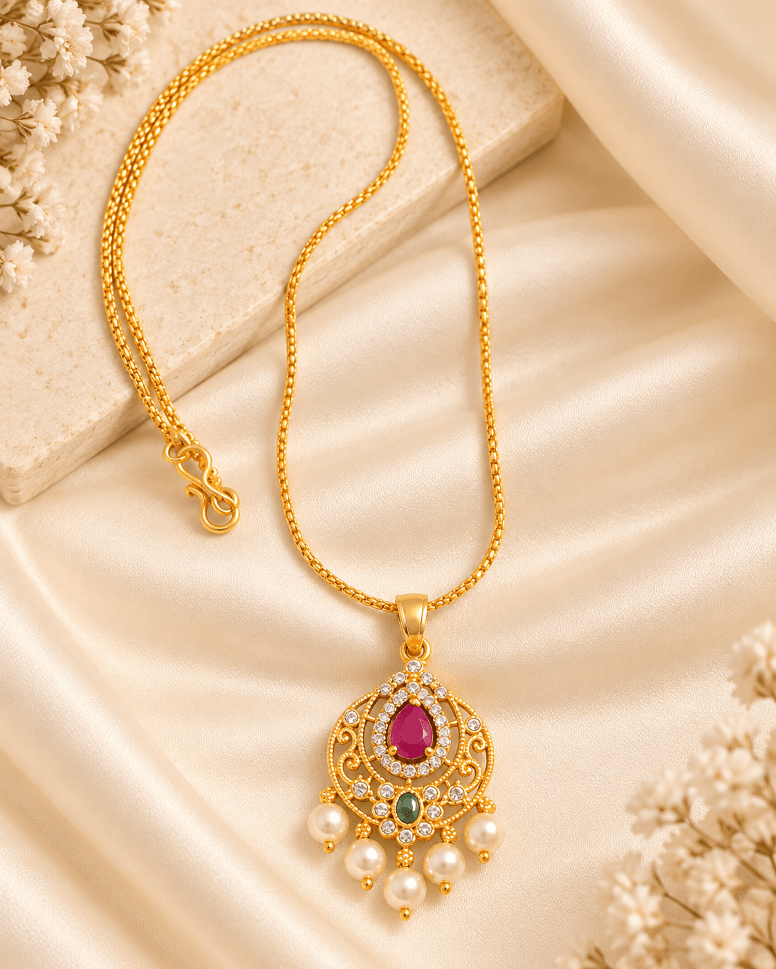 Gold-tone filigree pendant necklace with teardrop red centre, green accent and five hanging pearls