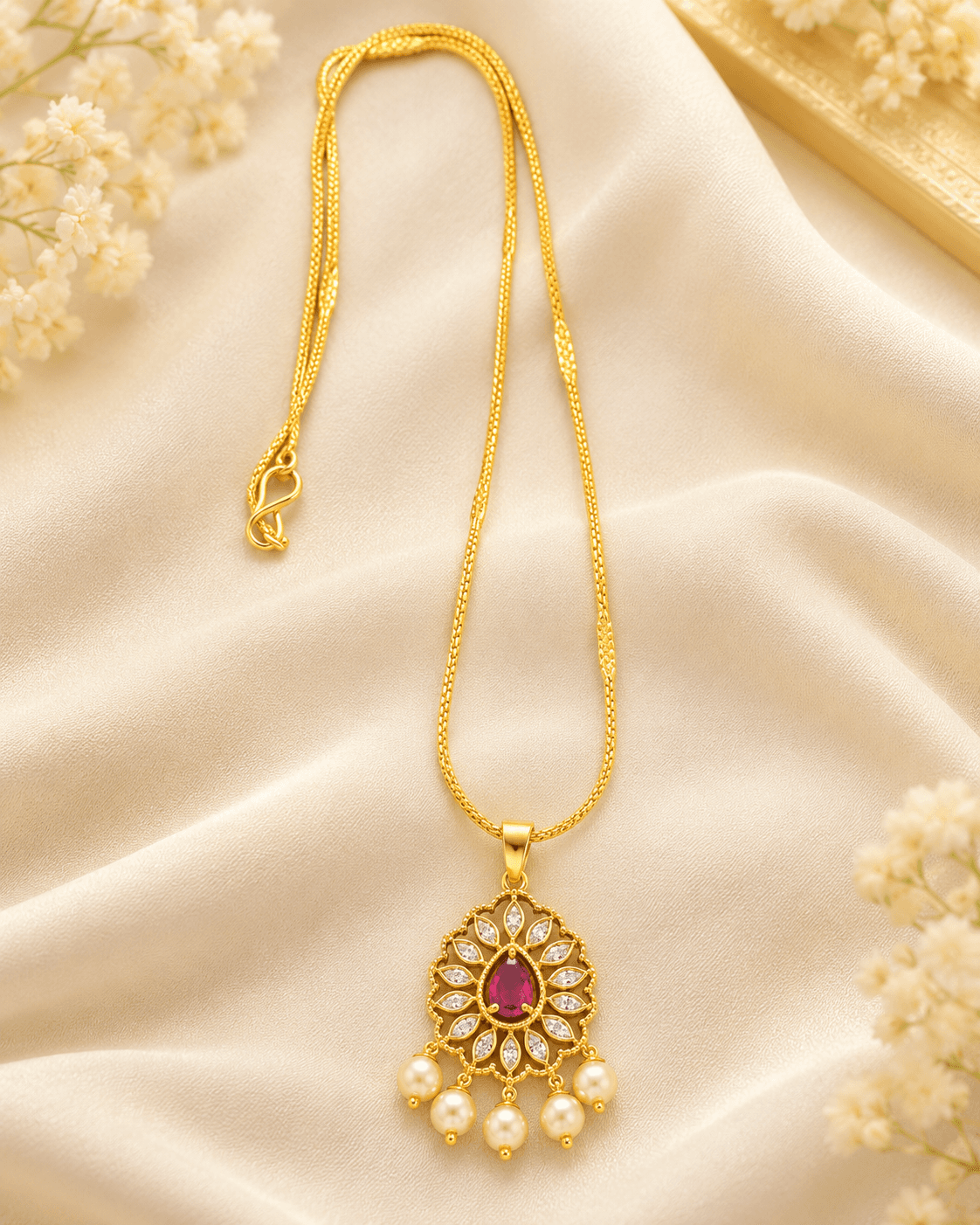 Gold-tone necklace with floral pendant, red teardrop centre and five pearl-colour drops