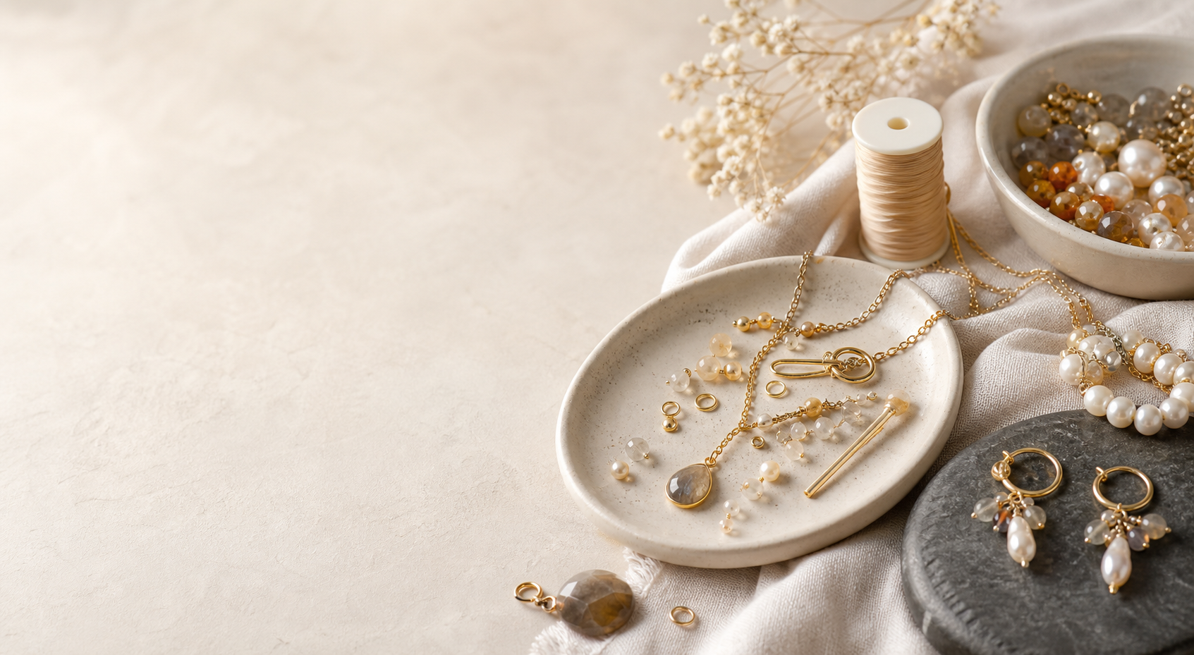 Jewelry-making materials arranged on a refined studio surface